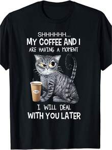 1pc Funny Coffee Cat Print T-Shirt for Men, 100% Cotton Fabric, Crew Neck, Short Sleeve, Regular Fit, Weekend Casual Wear, all-Season Casual Wear - Noir - Voir 1