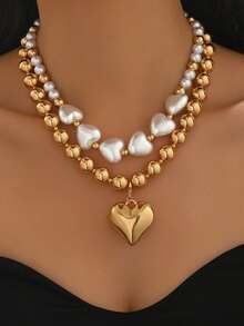 2件套波西米亚风夸张大珠心形吊坠项链，奢华时尚女士度假派对百搭心形吊坠颈链 - 多色 - 查看 1