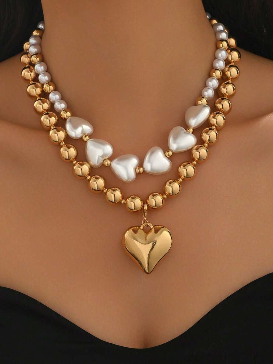 2件套波西米亚风夸张大珠心形吊坠项链，奢华时尚女士度假派对百搭心形吊坠颈链 - 多色 - 查看 1