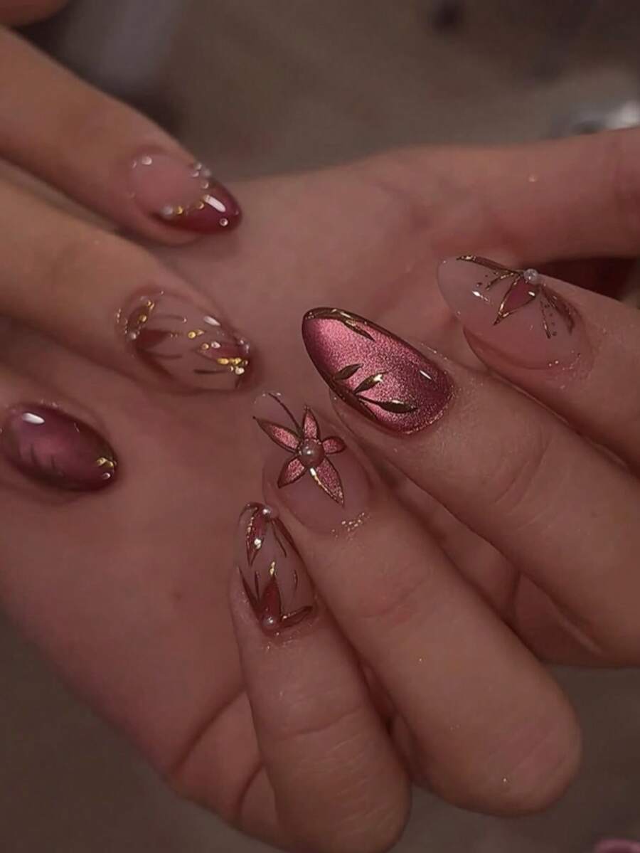 24pcs Flowers Foliage Fake Nails Cat Eye Nails Press On Pearls Nails Art Short Almond Shape False Nails Press On Nails Manicure Set Includes 1sheet Adhesive Tabs & 1pc Mini File Perfect For Everyday Wvear - Multicolor - View 1