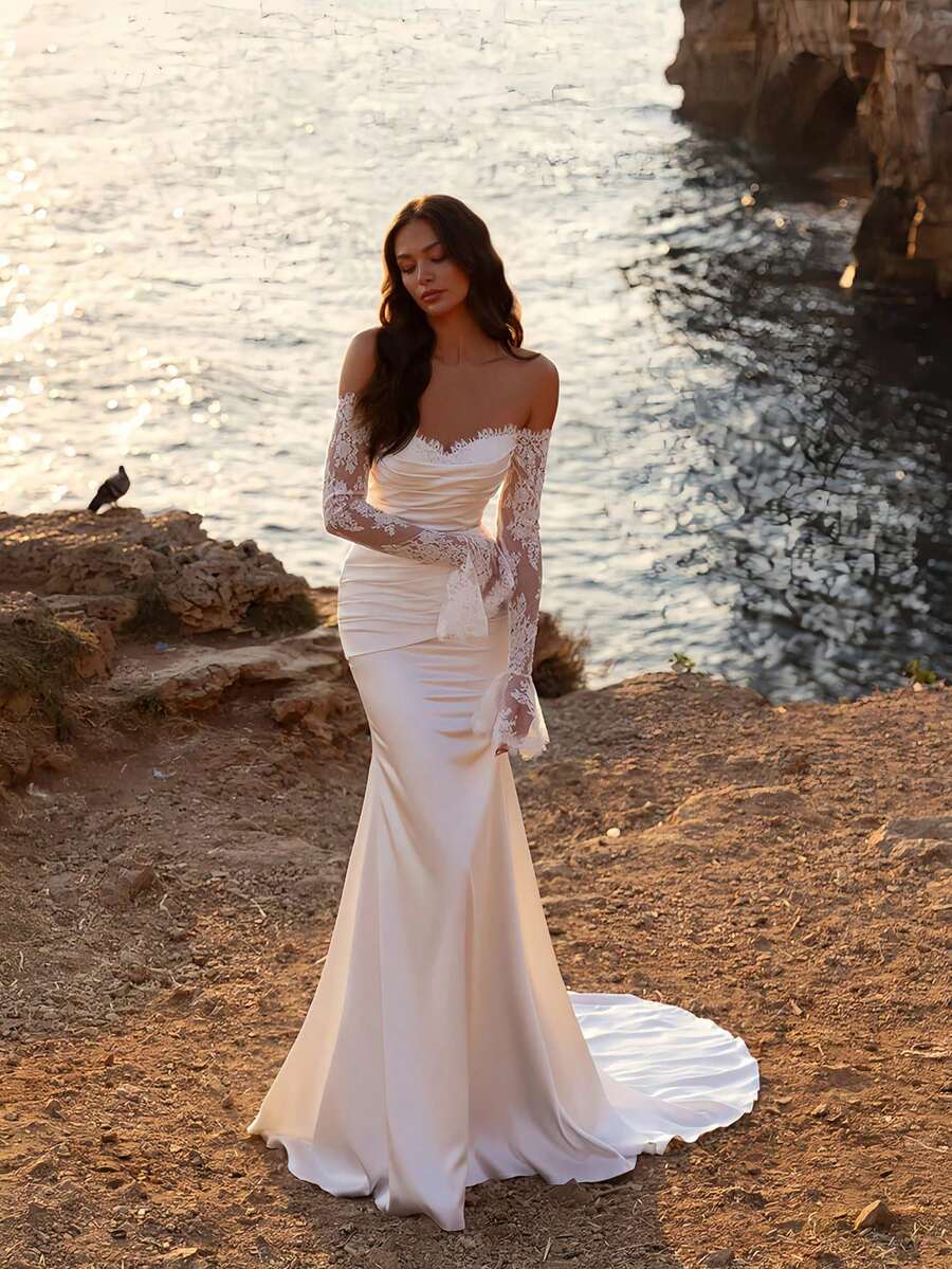 Elegant Sexy Off Shoulder Lace Long Sleeves Pleat Mermaid Satin Wedding Dress,Registry Office Dresses Bridal Gown,Evening Party Dress Birthday Party Dress Country Wedding,Romantic Church Ceremony Wedding Dress,Suitable For Wedding,Dating,Party,Singles' Party,Vacation,Formal Occasions,Dinner Dress,Prom Dress,Homecoming Dess,Cocktail Party,Wedding Guest Dress,Graduation - trắng - Xem 1