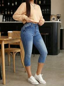 Pantalones Vaqueros de Cintura Media, Elásticos y Ajustados para Mujer, Estilo Clean Fit - Azul lavado medio - Ver 4