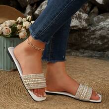 1 đôi dép xăng đan kiểu dáng nghỉ mát, dép lê mũi vuông đế bằng dành cho nữ, dép xỏ ngón họa tiết vải lanh, trang phục ngoài trời mùa hè đa năng. - trắng - Xem 7