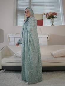 New Comfortable Breathable Fashion Printed Loose Prayer Robe With Attached Scarf Dress Vacation Spring - Mint Green - View 6