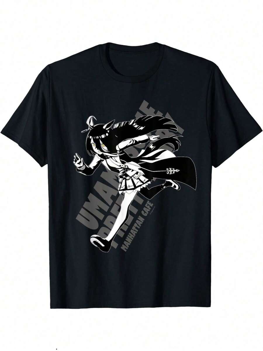 Men's & Women's Uma Musume Pretty Derby Anime-Shirt - Chibi Manga Graphic Tee With Main Characters & Iconic Pose, Japanese Text Design, Casual Round Neck Short Sleeve Shirt Cosplay, Conventions, Year-Round Wear (Black) - Anime A - 黑色 - 查看 1