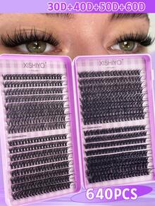 640片装高容量睫毛嫁接套装 - DIY睫毛嫁接，包含30D+40D+50D+60D/50D+60D+80D+100D睫毛簇，D卷度单根仿貂毛假睫毛，8-16mm混合长度睫毛簇，睫毛簇，单根假睫毛，睫毛，假睫毛 - D - 查看 3