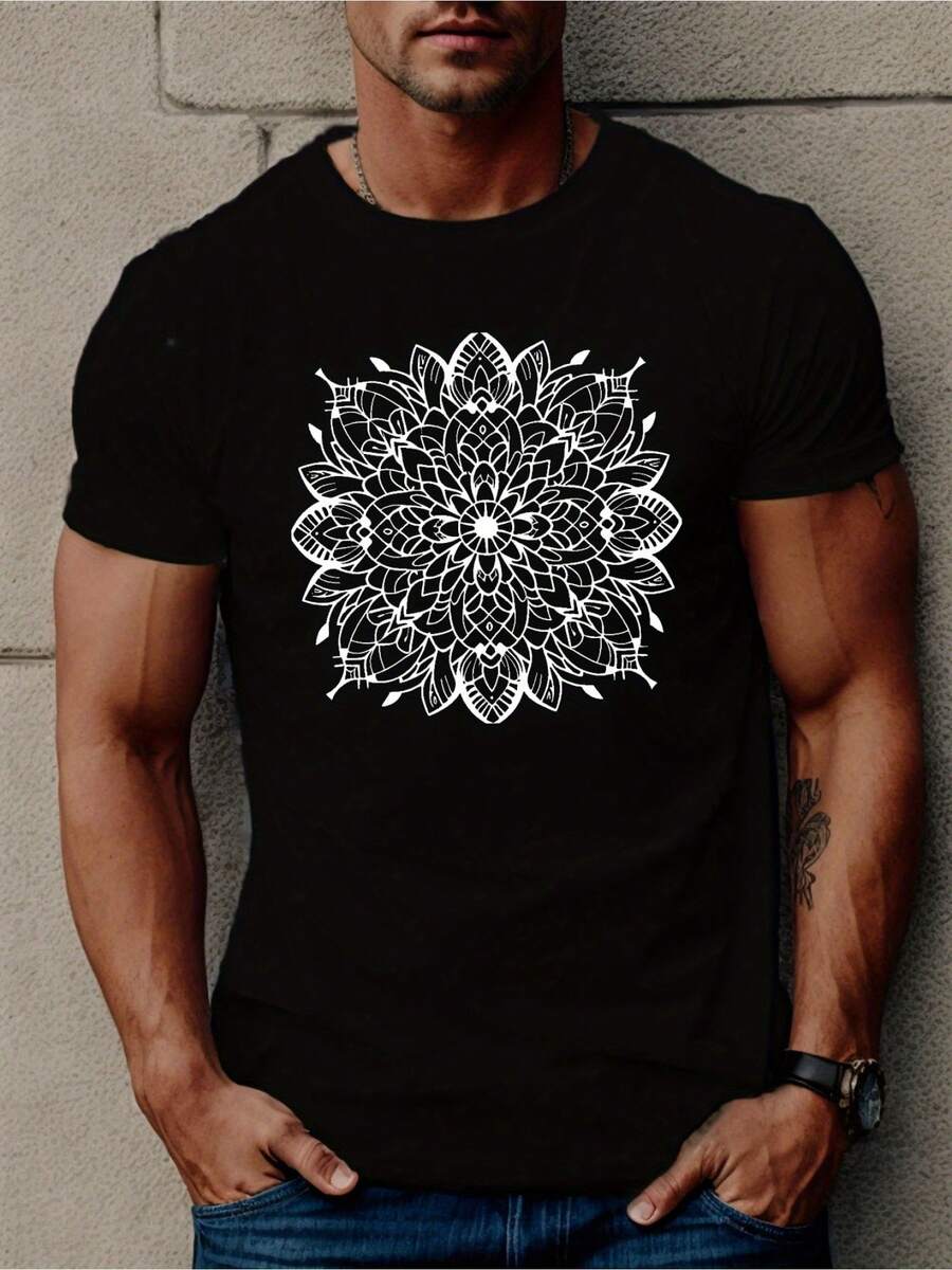 Flower Print T Shirt Tees For Men Casual Short Sleeve T-Shirt For Summer - Black - View 1