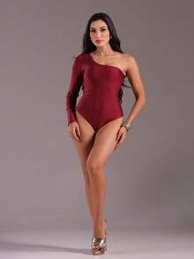 J.A.B.I Modas Women's Long Sleeve One Shoulder Bodysuit - Burgundy - View 4