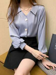 Blusa de diseño con manga larga y seda de moda - Neblina azul - Ver 3