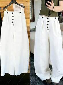 Women's Y2K Style White High Waisted Wide Leg Pants Button Front Pleated Casual Streetwear Going Out Trousers - White - View 2