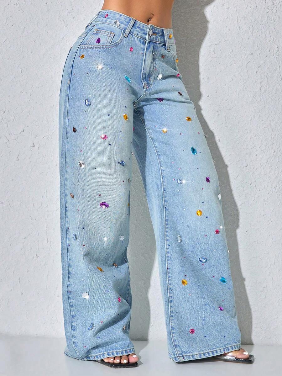 Pearl Decor Low Waist Wide Leg Casual Blue Jeans With Slant Pockets For Women Spring - Blue - View 1