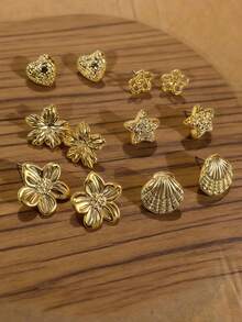 Juego de 6-12 piezas de aretes con temática de flores y océano en color dorado, adecuado para viajes y vacaciones en la playa - Dorado - Ver 2