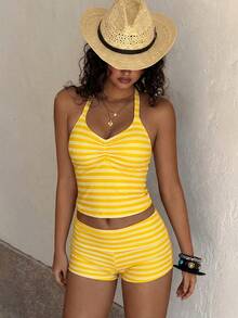 Women's Two-Piece Swimwear, Elegant Sexy Striped Print Short Swim Top With Shorts Yellow - Yellow - View 5