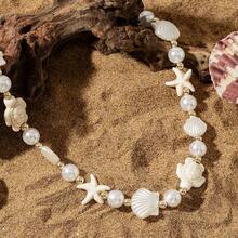 1pc Bohemian Beach Style Starfish & Shell Faux Pearl Beaded Necklace, Suitable For Daily Wear, Commute And Vacation In Summer - Multicolor - View 6