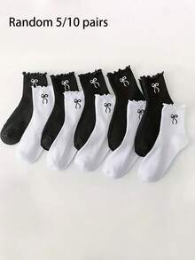 5/10双新款女童袜，荷叶边设计，透气舒适，蝴蝶结装饰，刺绣工艺，中筒袜，春夏时尚，简约百搭 - 彩色 - 查看 8