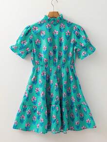 Acelitt 女士休闲绿色碎花高腰褶皱迷你连衣裙，夏季 - 綠色 - 查看 4