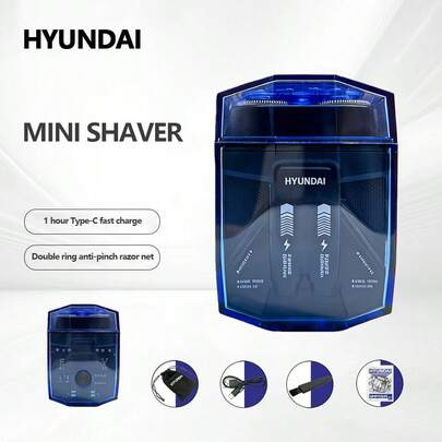 HYUNDAI Mini Electric Shaver For Men (Blue), Dual Mode, Double Ring Anti-Pinch Razor Net, USB-C Fast Charging, Pocket Size Portable Travel Shaver
