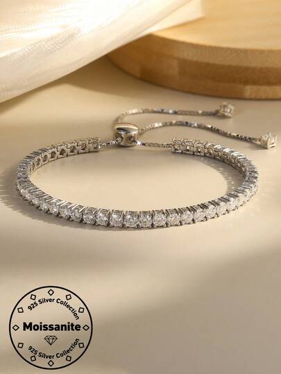 1 Piece 925 Solid Sterling Silver Round Cut Moissanite Diamond Tennis Chain Bracelet Luxury Jewelry For Women, Men Wedding Party Banquet Gift