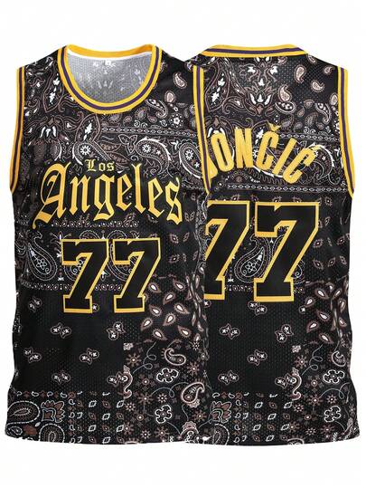 Atonmore 77号男士篮球球衣，黑色，带刺绣缝线，无袖休闲运动背心