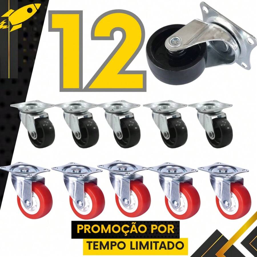 Jogo 12 Rodízios 1.1/4 E 1.1/2 Giratório 360 Graus Mesas Cadeiras Móveis Bancada Resistente Silencioso Premium - CARGA PESADA 1.1/2 VERMELHO - Visão 1