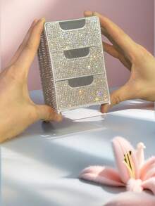 Boîte de rangement de bureau pour bijoux et cosmétiques avec 3 tiroirs ornés de strass, décoration de chambre - Multicolore - Voir 3