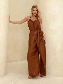 Women's Loose-Fitting Jumpsuit, Wide-Leg  Style, Jogger Style With Thin Straps And A Bow Tie - Comfortable And Elegant - 鏽棕色 - 查看 3