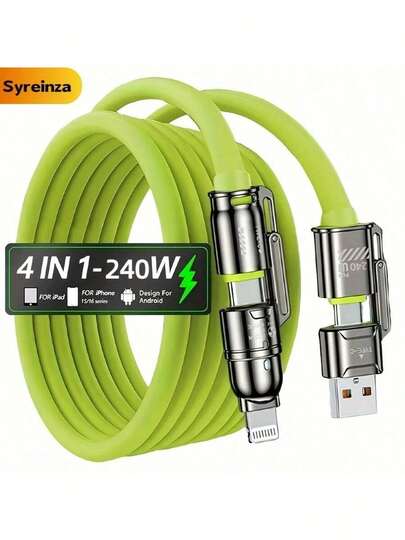 240W MAX 4in 1 Fast Charger Cable, Two Drag Two Charging Cord With USB-A/Type-C/Lightning, Four In One Fast Charger Cable For IPhone 16/15/14/13/12/11 Pro Max, Compatible With Samsung S25/S24/S23, Compatible With LG, For Moto G, For ,4-In-1 USB Charging Cable,240W Max Multi USB C Fast Charging Cable Combo Type C/USB A/L Port For IPhone 16/15 14 13 Galaxy And More