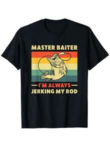 [100% Cotton] Master Baiter Humorous Fishing T-Shirt With Jumping Bass Design. - Black - View 1