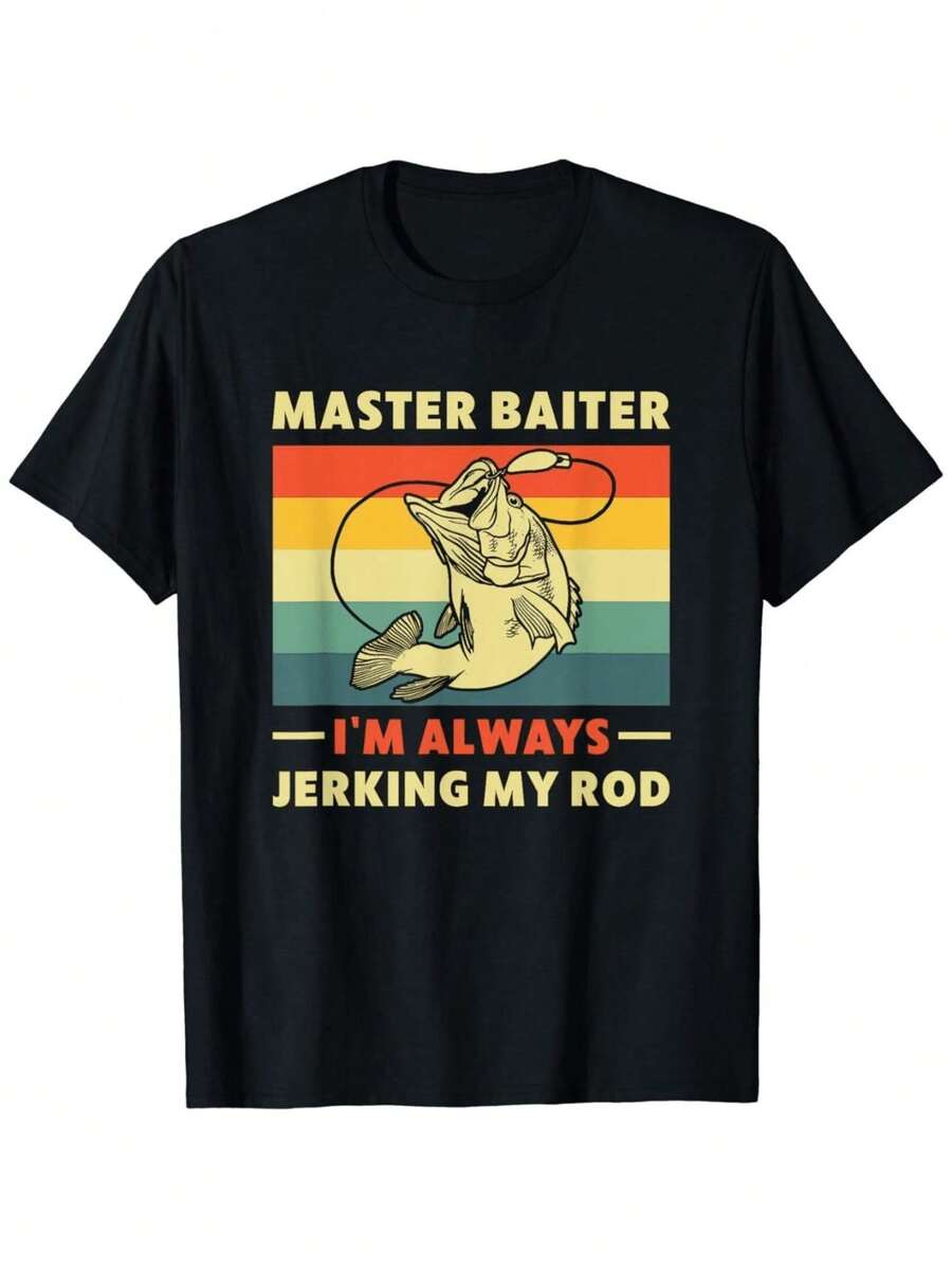 [100% Cotton] Master Baiter Humorous Fishing T-Shirt With Jumping Bass Design. - Black - View 1