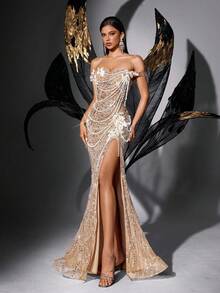 Luxurious Sparkling Solid Color Beaded Sequin High Slit Strapless Gown Dresses - Champagne - View 3