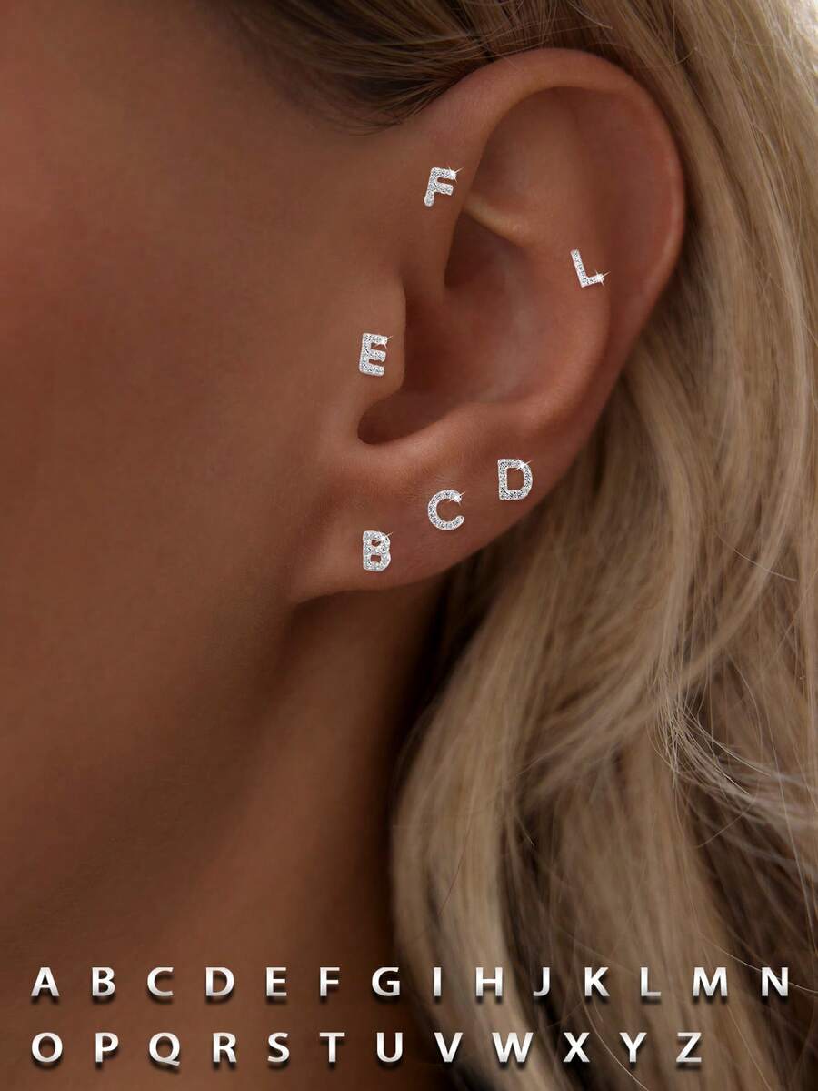 925 Sterling Silver Letter A-Z Single Stud Earrings, Hypoallergenic Minimalist Classic Style, Elegant Gift For Women/Men, Birthday/Valentine's Day Present For Girlfriend/Boyfriend - Single - View 1