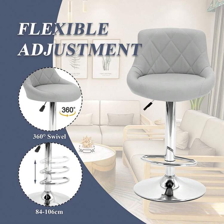 Set Of 3 Modern Bar Stools | Leatherette Adjustable Swivel Gas Lift Breakfast Chairs For Kitchen Island, Counter & Home - Grey - View 4