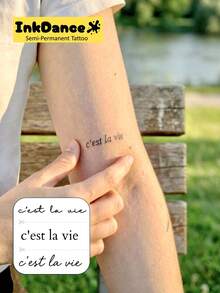 1 Kit "C'est La Vie" Revolutionary Technology Tattoos, Semi-Permanent Tattoos, Temporary Tattoos, Long Lasting, Men Women Fake Tattoos, Water-Resistant, Authentic Tattoo Look, Plant-Based, Present MNF029 - Black - View 2