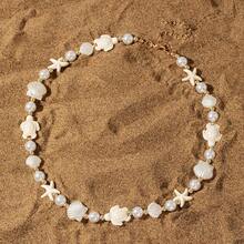 1pc Bohemian Beach Style Starfish & Shell Faux Pearl Beaded Necklace, Suitable For Daily Wear, Commute And Vacation In Summer - Multicolor - View 1