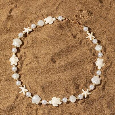 1 pieza Collar bohemio de estilo playero con estrella de mar y concha con perlas falsas, adecuado para uso diario, ir al trabajo y vacaciones en verano