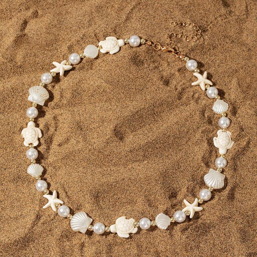 1pc Bohemian Beach Style Starfish & Shell Faux Pearl Beaded Necklace, Suitable For Daily Wear, Commute And Vacation In Summer - Multicolor - View 1