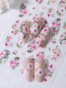 2片/套 时尚粉色花卉5D立体美甲贴纸，逼真樱花枝蔓美甲贴花，DIY水彩混合花卉美甲装饰，春夏美甲用品 - 彩色 - 查看 4