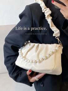 Fashionable Moire Chain Decor Ruched Bag Classic Carryalls Latest & Stylish Cloud Sling Bag With Chain Handle And Detachable Strap (Beige), For Women, Rookies & White-Collar Workers,For Teacher Gifts,For Female,For Lady For Business/Commute/Work/Office,For Festivals/Vacation/Holiday,For Summer , Teacher Gift , Office Bag - 白色 - 查看 2
