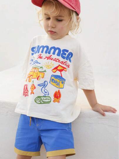 1pc Young Boys' Casual Printed Round Neck Short Sleeve T-Shirt, Summer Student Wear - A And Versatile T-Shirt That Brings Joy And Happiness To Every Child!