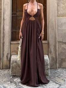 Unadoll Women's Summer Sexy Halter Deep V Ruched Cut Out Waist Back Lace Up Slit Hem Chocolate Brown Maxi Dress Elegant Vacation Party Outfit - Brown - View 8