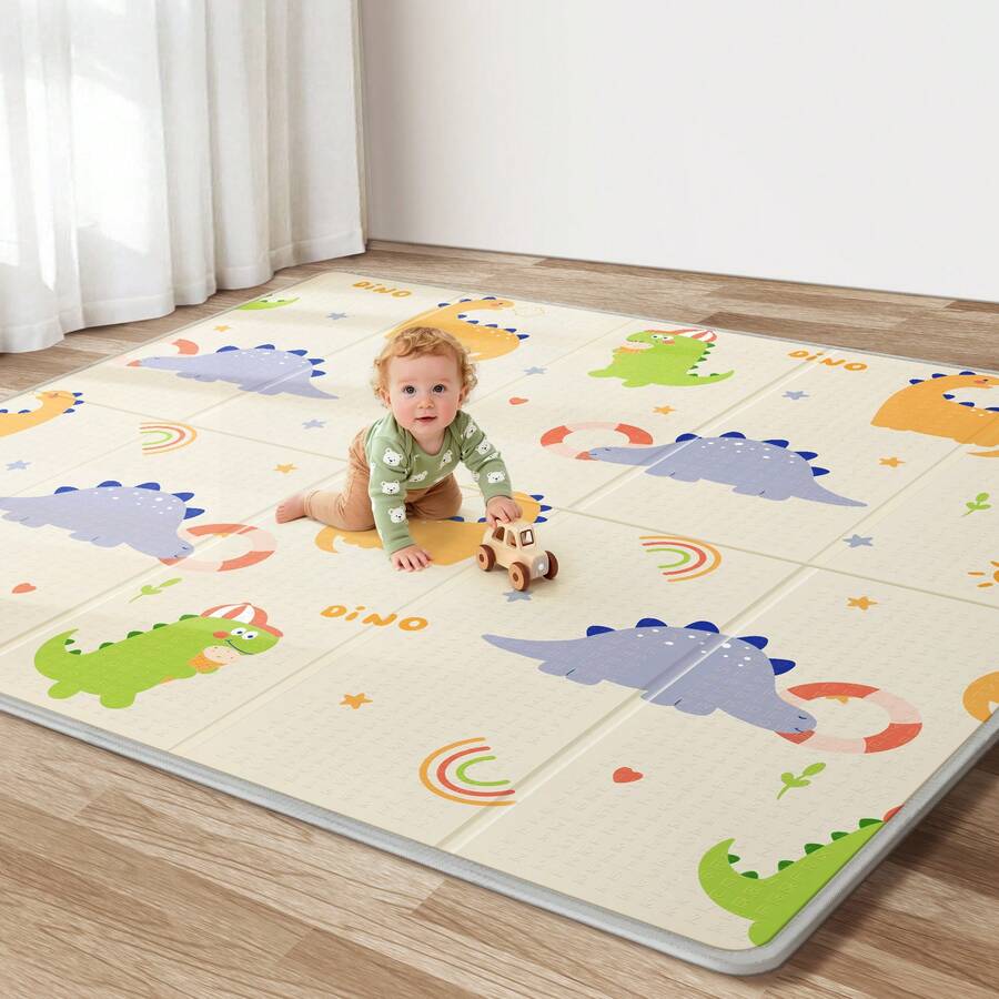 Foldable Baby Play Mat For Floor, PIGLOG 79x71 Extra Large Crawiling Play Mat For Babies, Waterproof & Portable Tummy Time And Foam Playmat For Infants, Toddlers - 恐龍樂園 - 查看 1