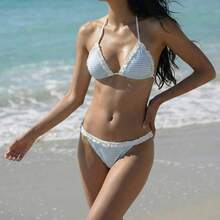 Conjunto de bikini con volantes a rayas para vacaciones en la playa - Azul y blanco - Ver 3