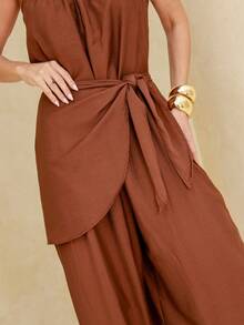 Women's Loose-Fitting Jumpsuit, Wide-Leg  Style, Jogger Style With Thin Straps And A Bow Tie - Comfortable And Elegant - 鏽棕色 - 查看 5