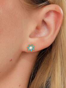1 Đôi bông tai hình hoa xinh xắn, kiểu vặn vít, mạ vàng 18K chất lượng cao, độ dày 0.03μm. - Màu xanh nhạt - Xem 2