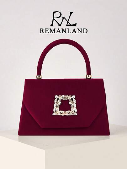 REMANLAND 这款奢华优雅的酒红色天鹅绒手提包饰有水晶，触感柔软，点缀着闪亮的方形水晶，并配有同色天鹅绒手柄。是晚宴、盛大晚会和浪漫约会的精致之选，也是馈赠女性的最佳礼物。