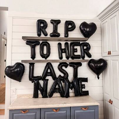 20pcs Gothic Single Party Decoration Balloon Set, Includes 16" Black "Rip To Her Last Name" Letter Balloons, Suitable For Single Party Decoration, Gothic Single Party Decoration, Engagement Wedding Party, Black Bachelorette Party Decoration, Rip Single Life, Bachelorette Party Decoration, Fun Single Party, Bride, Wedding Engagement