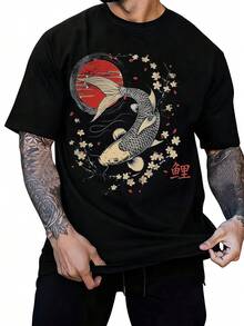 Men's Koi Fish & Cherry Blossom T-Shirt - 100% Cotton Crew Neck Casual Vintage Tee, Loose Fit For Spring Summer Outdoor Wear, Black With Red & Golden Japanese Print, Casual Summer Wear - Black - View 2