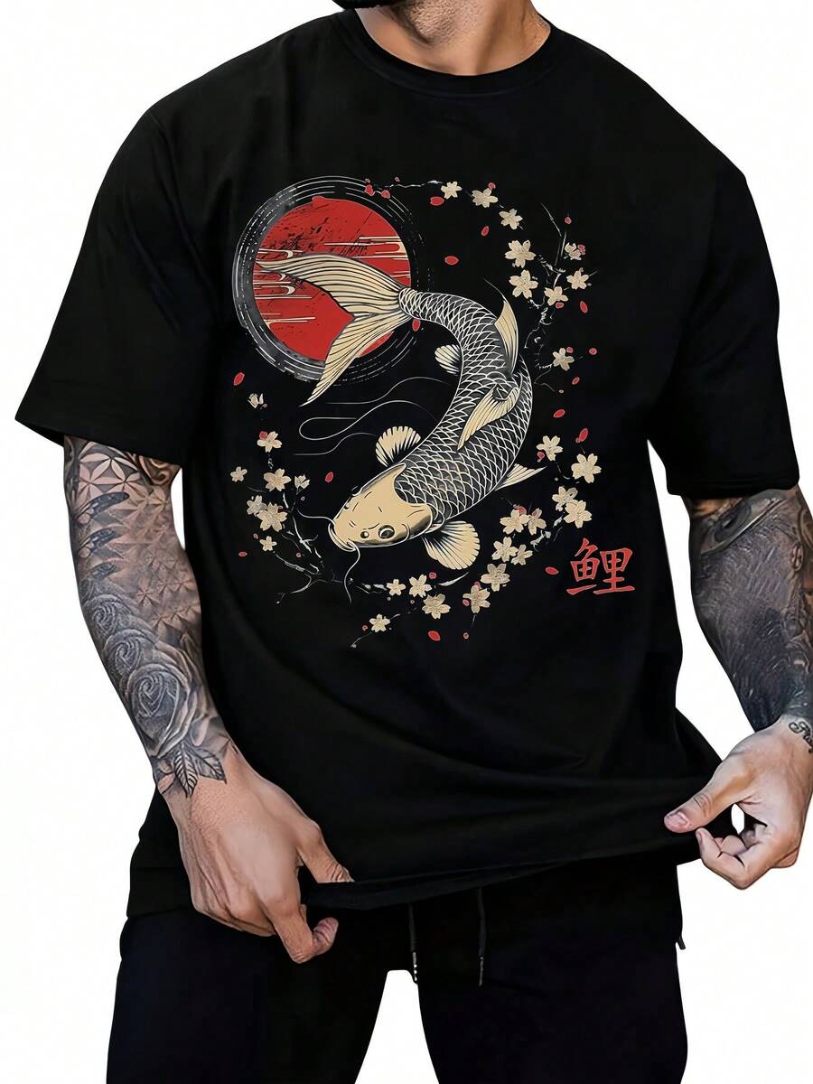 Men's Koi Fish & Cherry Blossom T-Shirt - 100% Cotton Crew Neck Casual Vintage Tee, Loose Fit For Spring Summer Outdoor Wear, Black With Red & Golden Japanese Print, Casual Summer Wear