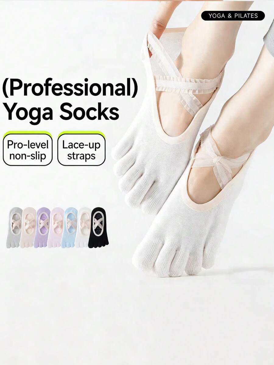 1/3/6 Pairs Women Yoga Socks, Non-Slip Pilates Socks For Beginners, Breathable Five Toe Socks For Indoor Sports, Dance, Ballet Style With Lace Ribbon, Lightweight Spring/Summer Version - Multicolor - View 1