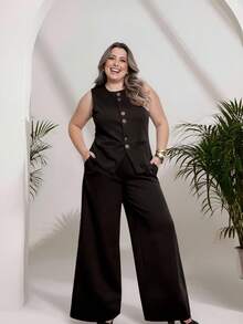 Plus Size Fashion Women's Tailored Set Vest + Pants Casual Fashion/With Special Buttons/Formal Work Blazer With Solid And Elegant Front Button Women's Tank Top/Elegant And Stylish Two-Piece Women's Suit With Front Buttons/Elegant/Sophisticated With Faux Pockets/With Buttons/Blogger/Fashion/National Shipping 2025 - 黑色 - 查看 3